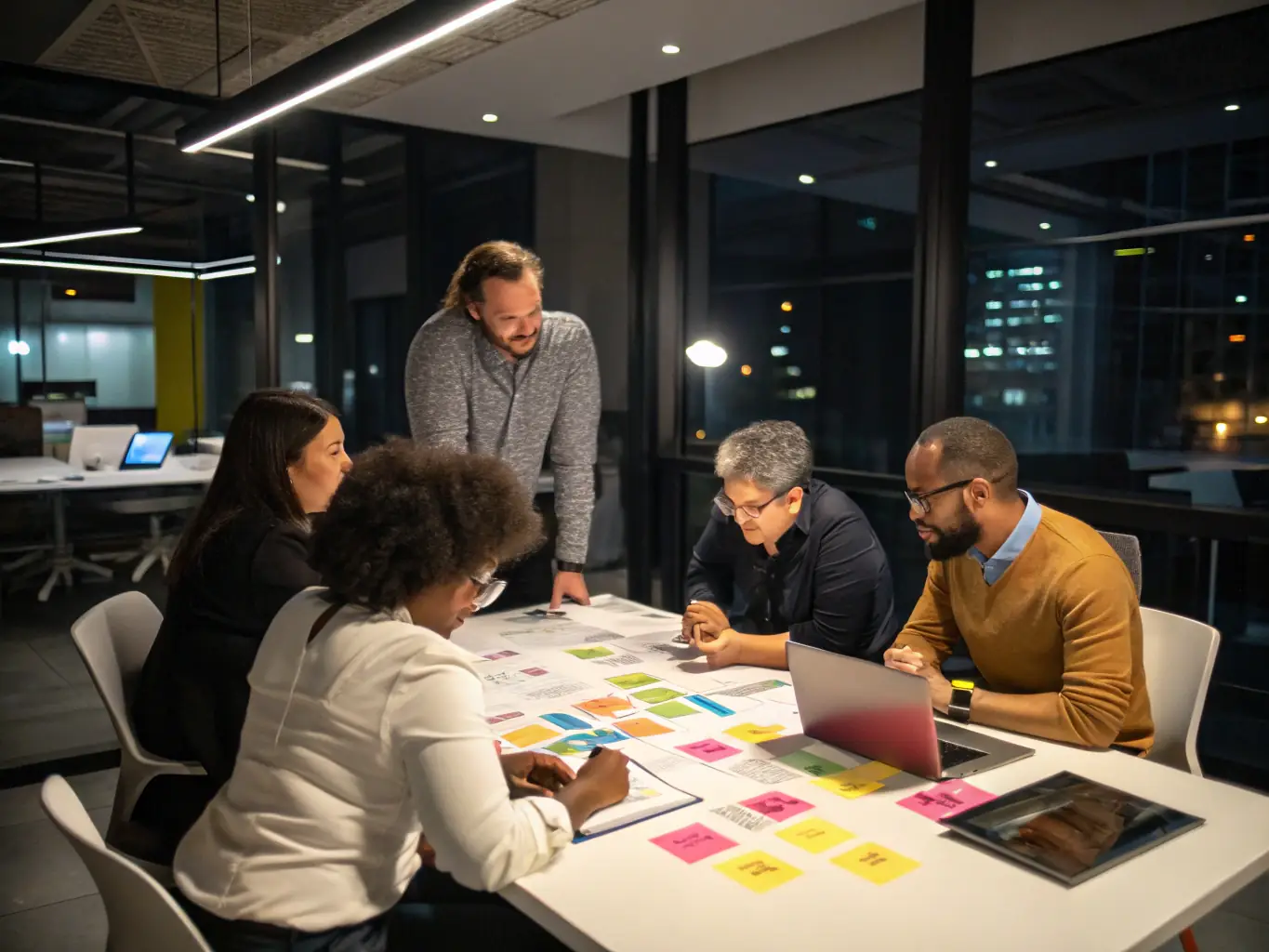 A group of social media managers collaborating at a table, each with laptops displaying dealership-branded social media posts and analytics.