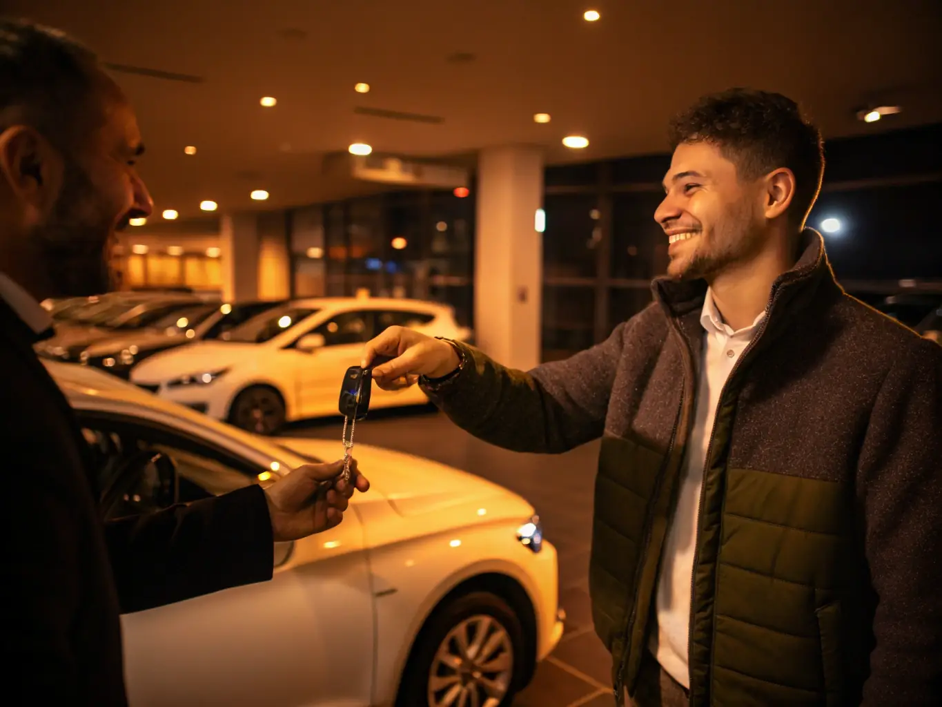 A smiling dealership customer holding a smartphone, reading a personalized digital message, with a car showroom in the background.