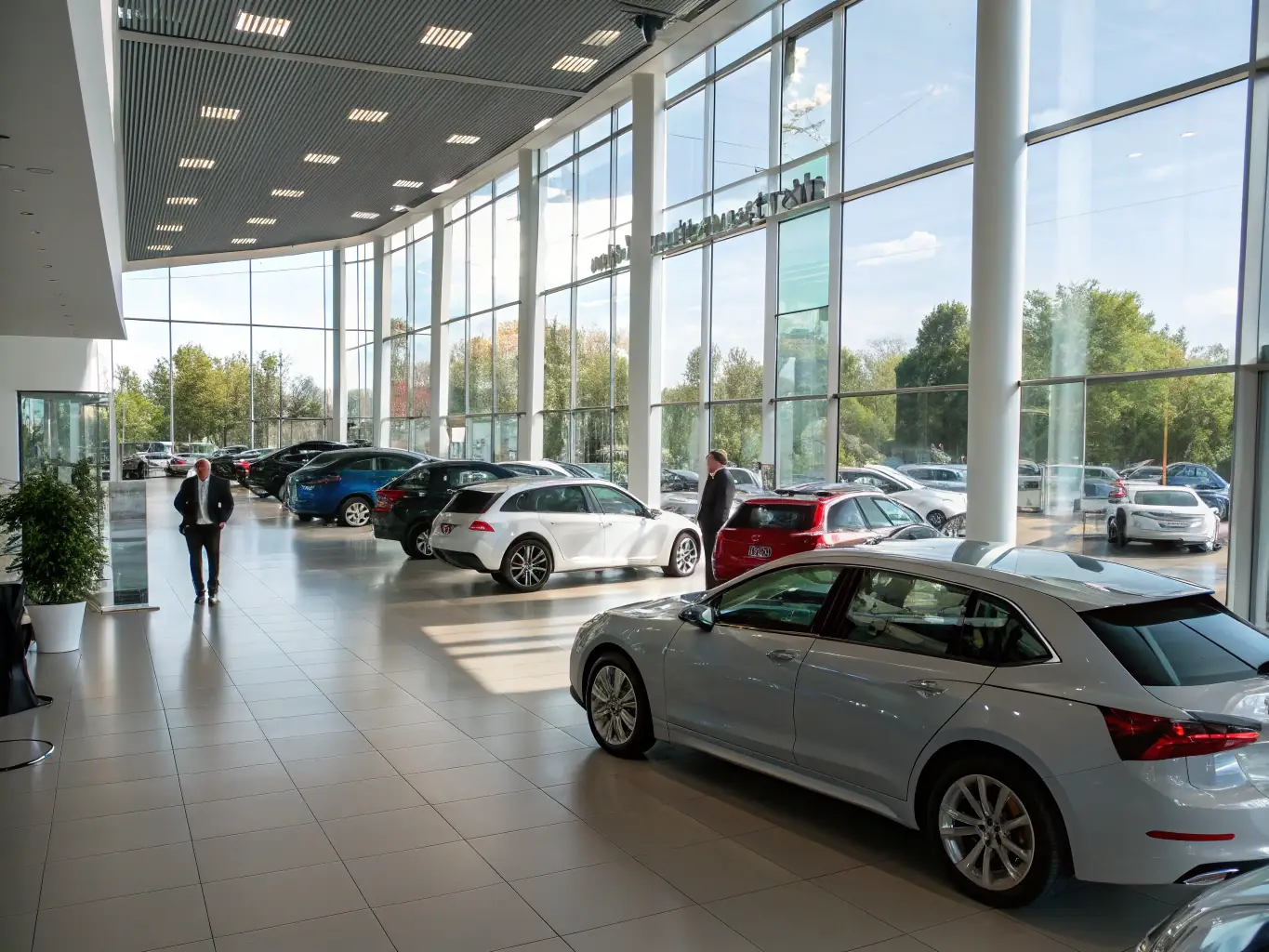 A vibrant image of a car dealership showroom with digital screens displaying online ads, set in a sleek black and white branded environment, illustrating the impact of digital advertising for automotive businesses.