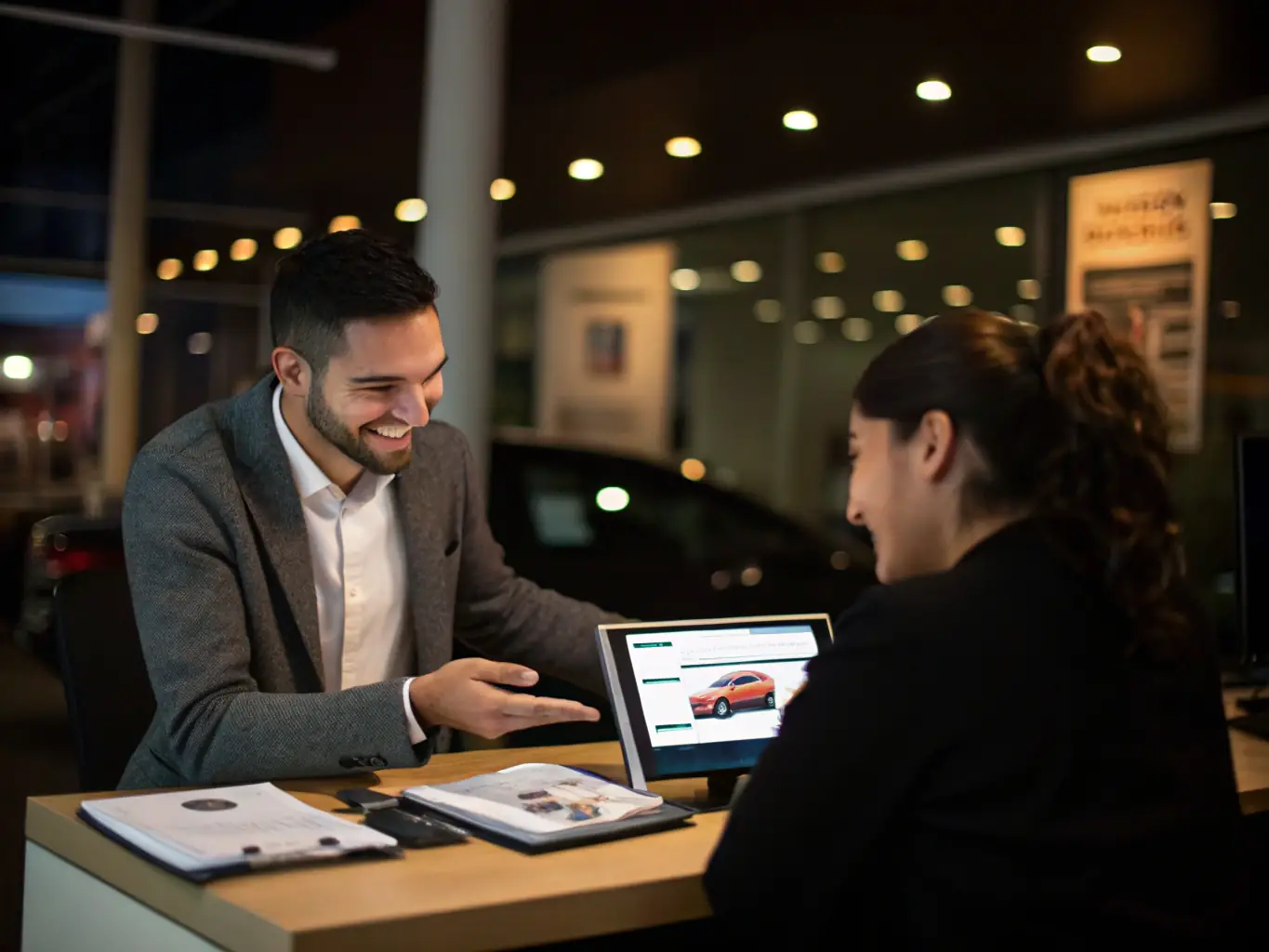 A welcoming image of dealership staff interacting with customers in a modern lounge area, featuring loyalty program signage and personalized communication, all within a black and white aesthetic.